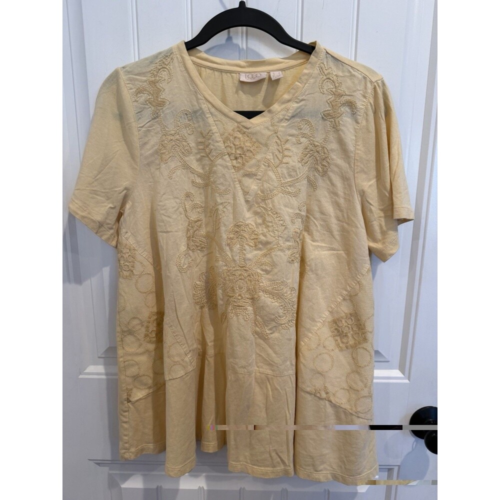 LOGO Lavish Lori Goldstein M Yellow Embroidered Floral Mesh Boho Tunic Top